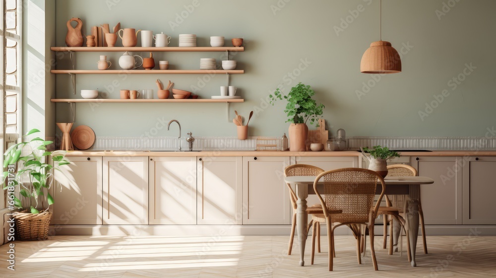 Obraz na płótnie Modern white kitchen in Scandinavian style. Open shelves in the kitchen with plants and jars. Autumn decoration, eco-friendly kitchen w salonie