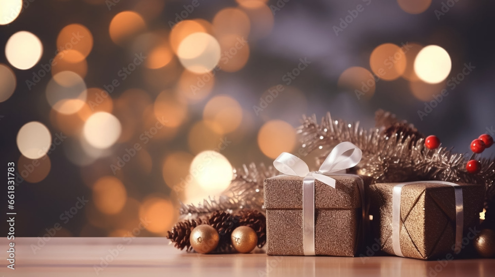 copy space, stockphoto, christmas and new year background, gift boxes and pine cones and branches on the background of bokeh garlands. Background for Christmas greeting card or invitation.