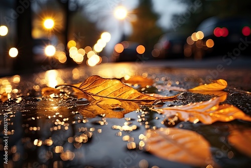 empty street after rain at night with neo light, reflections rain creates on various surfaces, from the shimmering puddles on the pavement photo