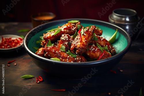 Grilled sticky chicken wings on plate over dark background.