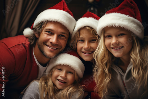 Family wearing Santa hats at home on Christmas background