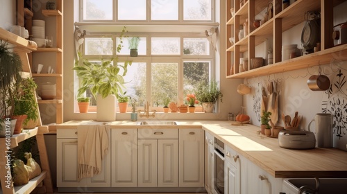 Modern white kitchen in Scandinavian style. Open shelves in the kitchen with plants and jars. Autumn decoration, eco-friendly kitchen
