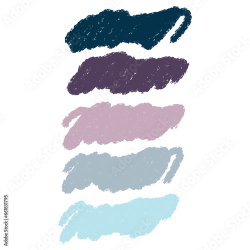 A set of hand paint stains  natural color palette  blue  violet and gray colors. Color pencil  marker brush strokes