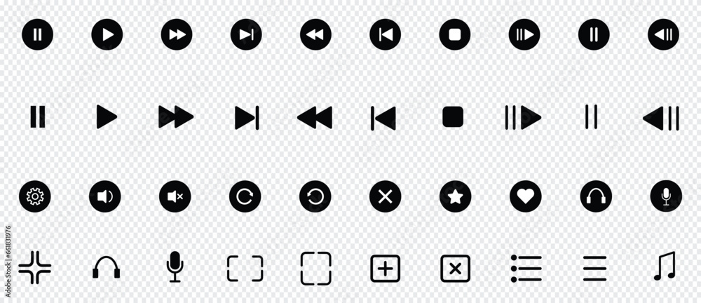Media player control icon set. Play and pause buttons. Interface multimedia symbols and audio, audio video media player buttons isolated on transparent background - obrazy, fototapety, plakaty 