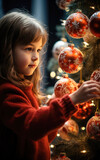 Girl decorating Christmas tree with decorative balls