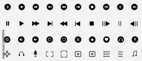 Media player control icon set. Play and pause buttons. Interface multimedia symbols and audio, audio video media player buttons isolated on transparent background