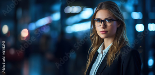 Beautiful businesswoman waist up with blurred background standing in the office. With copy space.