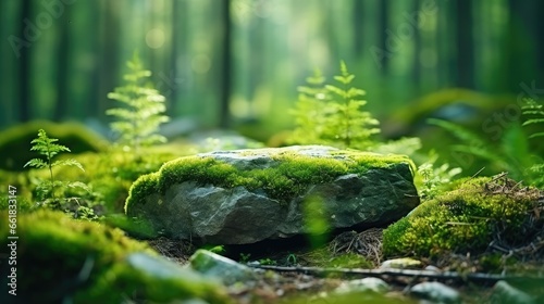 A stone covered with green moss on a blurred forest