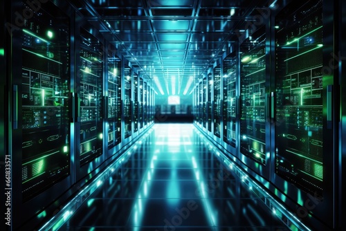 Data Center Server Room. Network Communication, Colorful Neon Server Racks, and Telecommunication Equipment, Optical fiber in a Cutting-Edge Technology Background. generative AI