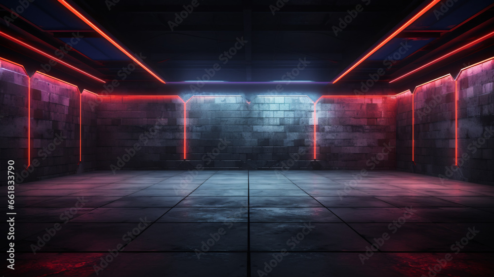 A modern 3D environment featuring a concrete surface illuminated by neon lights, available as a computer graphic or sports stadium backdrop.