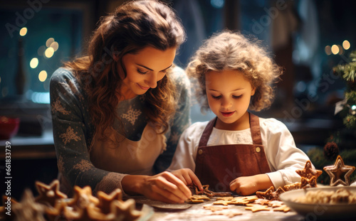Kids baking cookies with mother on the Christmas background