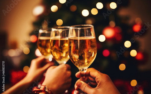 hands holding champagne glasses on the Christmas background