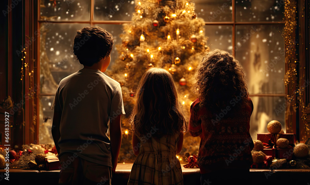 Children stand in front of the Christmas tree, waiting for Santa Claus