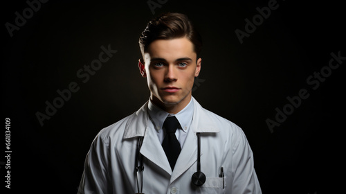 Portrait of a doctor in uniform on a dark background. A handsome and satisfied medical worker looks at the camera. AI generative