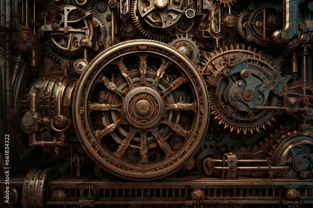 A visually stunning steampunk illustration depicting a powerful machinery world with intricate metal gears and wheels. Generative AI
