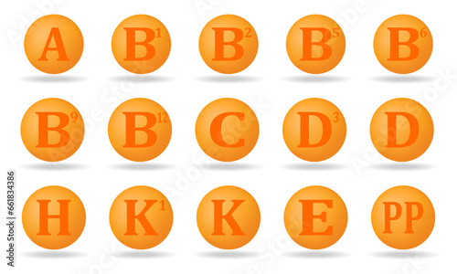 Set of multivitamin complex icons. Vitamins A, B, B1, B2, B3, B5, B6, B9, B12, C, D, D3, E, K, H, K1, PP.