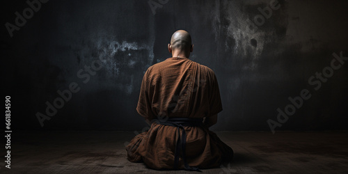  monk sits in a dark room, meditating and seeking spiritual enlightenment with his back turned