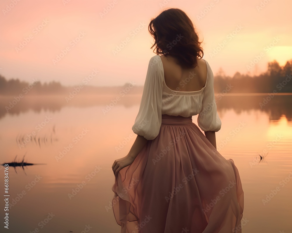 Sunset on the lake, pastel orange lanscape, female figure, romantically dressed. Sunset on the lake, pastel orange lanscape, female figure, romantically dressed.