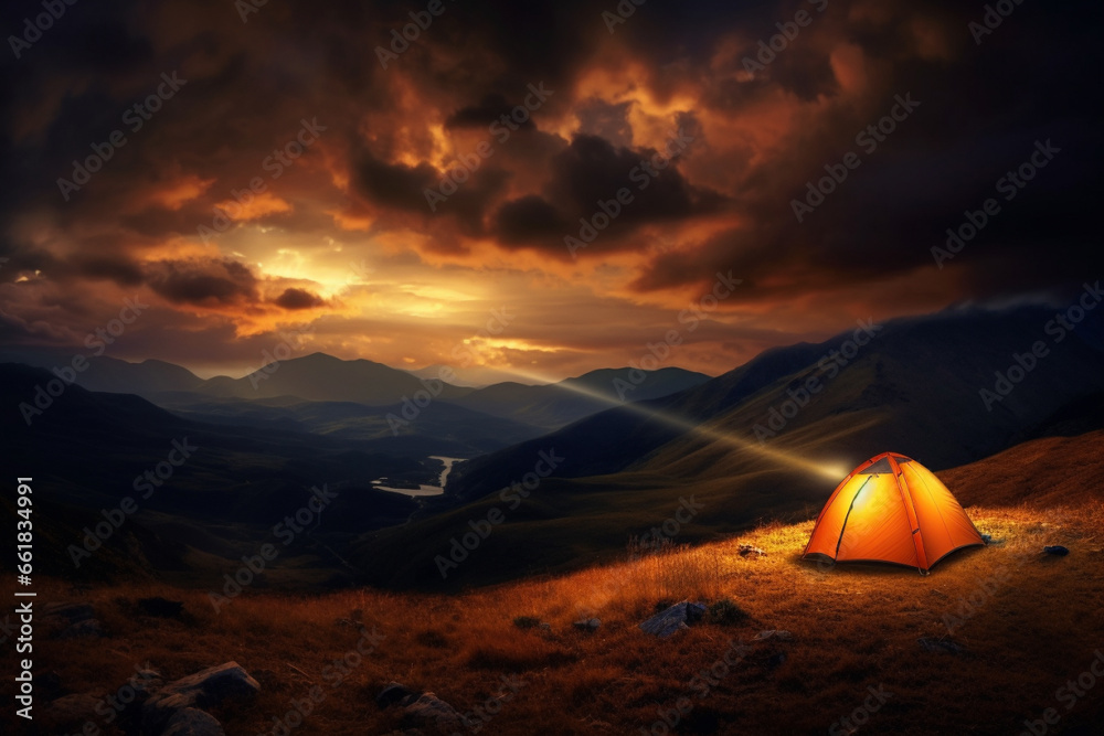 Immerse yourself in the tranquility of nature with a radiant tent illuminating the mountain night. Ai generated