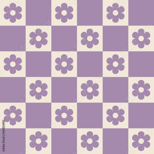 1960s, 1970s retro groovy checkered seamless pattern, 60s, 70s geometric and floral vector illustration