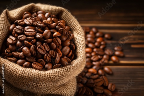 Coffee beans in burlap bag resting on rustic wooden background