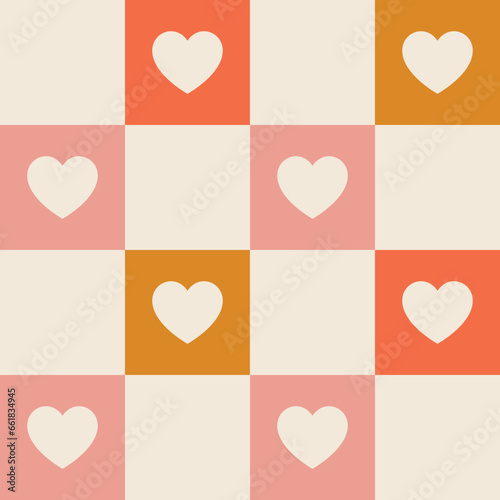 1960s, 1970s retro groovy checkered seamless pattern, 60s, 70s geometric and heart vector illustration