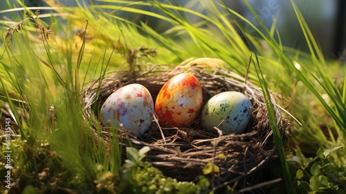 Colored easter eggs in green grass, easternest in spring