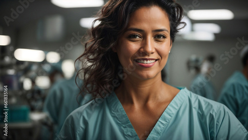 Dottoressa di origini brasiliane in ospedale in sala operatoria con camice photo
