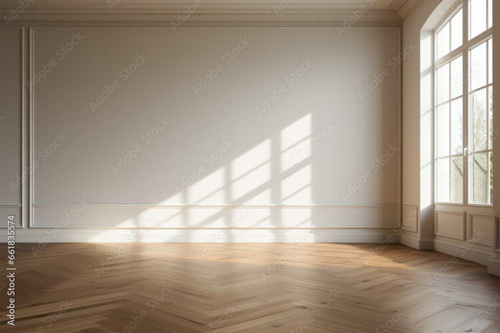 Fototapeta premium Daylight filled room with white walls and parquet floor for creativity