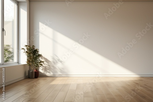 Daylight filled room with white walls and parquet floor for creativity