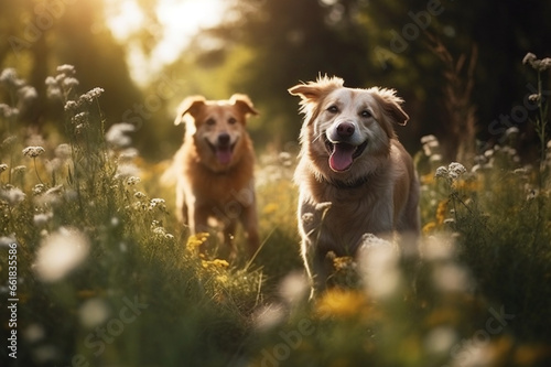 Witness the pure joy as two delightful dogs play in a springtime field radiating happiness. Ai generated