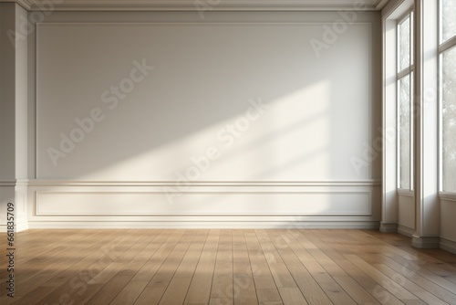 Create your vision An empty room with white walls and parquet floor