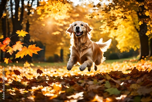 Dog, golden retriever jumping through autumn leaves in autumnal sunlight