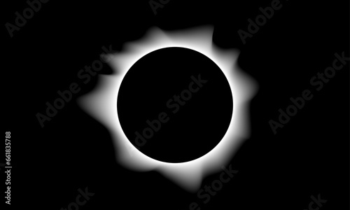 Total eclipse of the sun. Vector. Solar corona during a total eclipse in black white color, glow around a black circle, space for text, minimal style