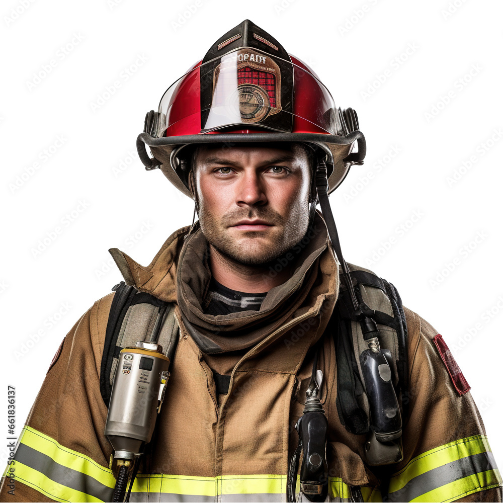 Portrait of a Caucasian firefighter in full protective gear, helmet on, with a reflective visor, confidently looking at the camera on transparent background Portrait of a Caucasian firefighter in full protective gear, helmet on, with a reflective visor, confidently looking at the camera on transparent background