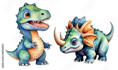 two cute cartoon dinosaurs. Triceratops and Tyrannosaurus. Watercolor vector illustration