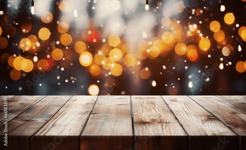 Festive, blank wooden table with bokeh lights for product presentations