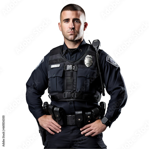 A Caucasian police officer, in a crisp uniform with badge, radio, and utility belt, stands at attention against a clean white background