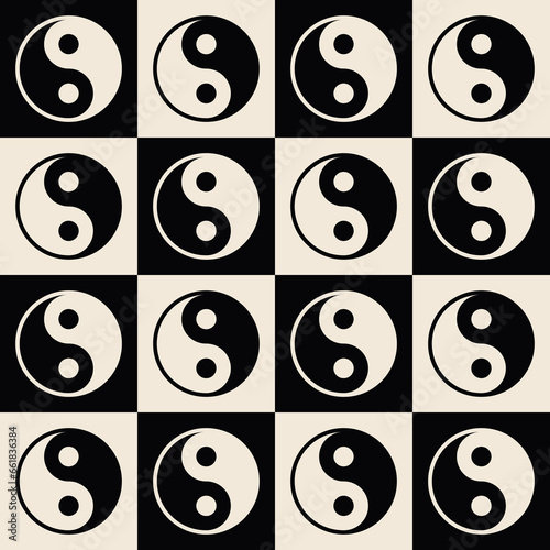 1960s, 1970s retro groovy checkered seamless pattern, 60s, 70s  yin yang geometric vector illustration