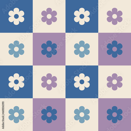 1960s, 1970s retro groovy checkered seamless pattern, 60s, 70s geometric and floral vector illustration