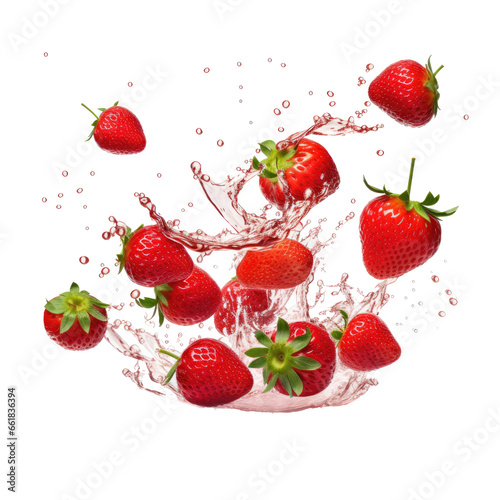 Falling strawberries with water splash on transparent background
