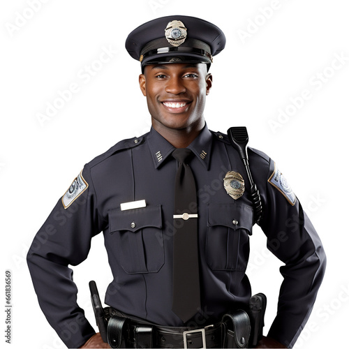 An Afro-American police officer, in a crisp uniform with badge, radio, and utility belt, stands at attention against a clean white background