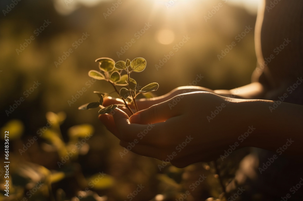 Fototapeta premium Embrace the essence of nature as hands hold a vibrant green plant, bathed in the warmth of sunlight. Ai generated
