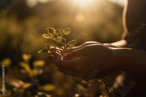 Embrace the essence of nature as hands hold a vibrant green plant, bathed in the warmth of sunlight. Ai generated