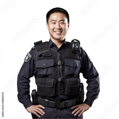 An Asian police officer, in a crisp uniform with badge, radio, and utility belt, stands at attention against a clean white background