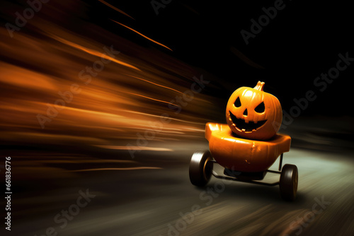 Pumpkin face on toy tricycle funny halloween wallpaper