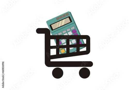 Icono de compra inteligente. Carro de la compra transportando una calculadora en su interior