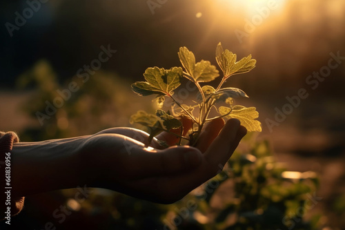 Embrace the essence of nature as hands hold a vibrant green plant, bathed in the warmth of sunlight. Ai generated