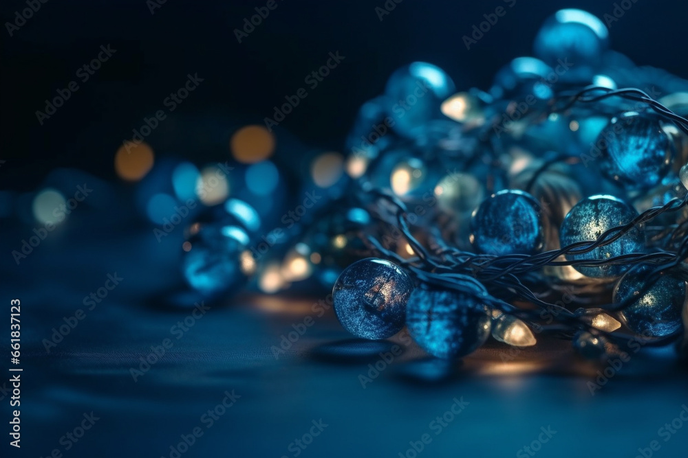 Dive into the festive spirit with a macro view of creatively designed blue holiday lights and decorations. Ai generated Dive into the festive spirit with a macro view of creatively designed blue holiday lights and decorations. Ai generated