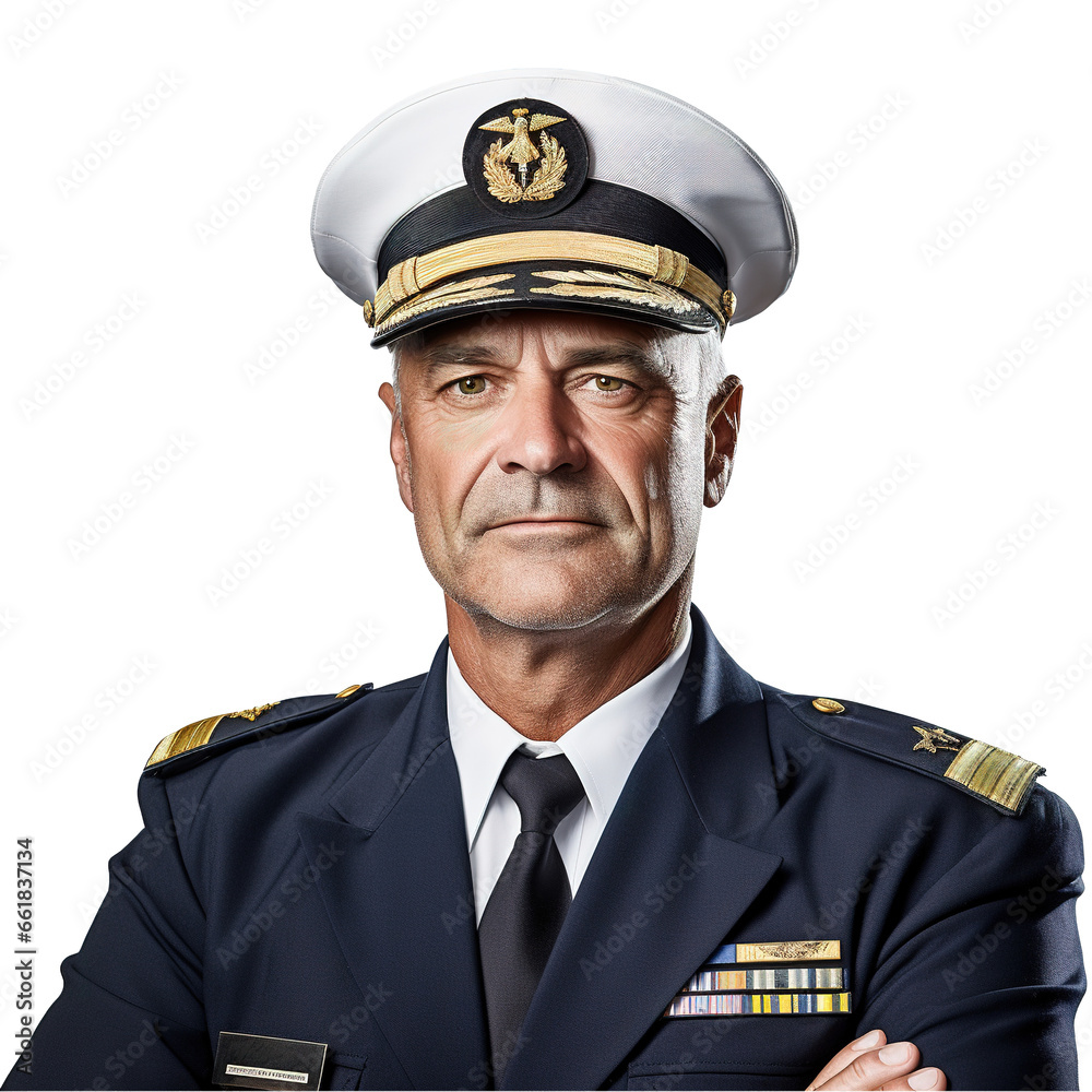 A Caucasian airline pilot, dressed in a navy blue uniform with gold stripes, epaulettes, and pilot's cap, looks forward with authority, on transparent background A Caucasian airline pilot, dressed in a navy blue uniform with gold stripes, epaulettes, and pilot's cap, looks forward with authority, on transparent background